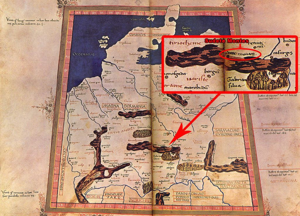 Mapa Germanii (Germania magna) sporządzona w XV wieku na podstawie opisu Ptolemeusza, zaznaczone zostały na niej Sudety (Sudete Montes)