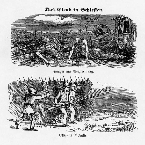 Karykatura przedstawiająca powstanie tkaczy śląskich pt. „Das Elend in Schlesien” – Nędza na Śląsku – U góry „głód i rozpacz”, u dołu „oficjalna pomoc”