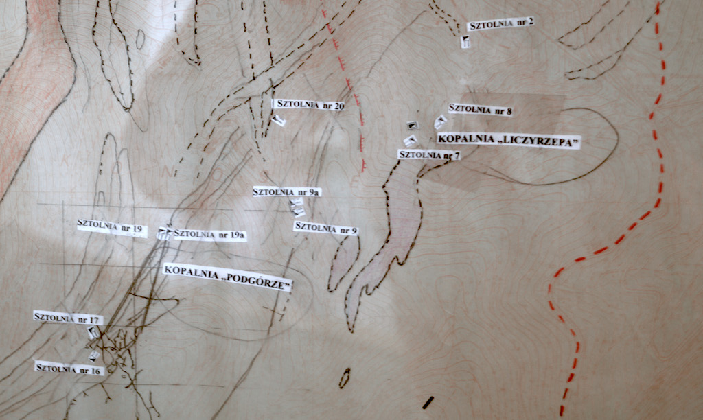 Rozmieszczenie wyrobisk kopalń „Liczyrzepa” i „Podgórze” – Zbiory: Izba Pamięci Górnictwa w Kowarach